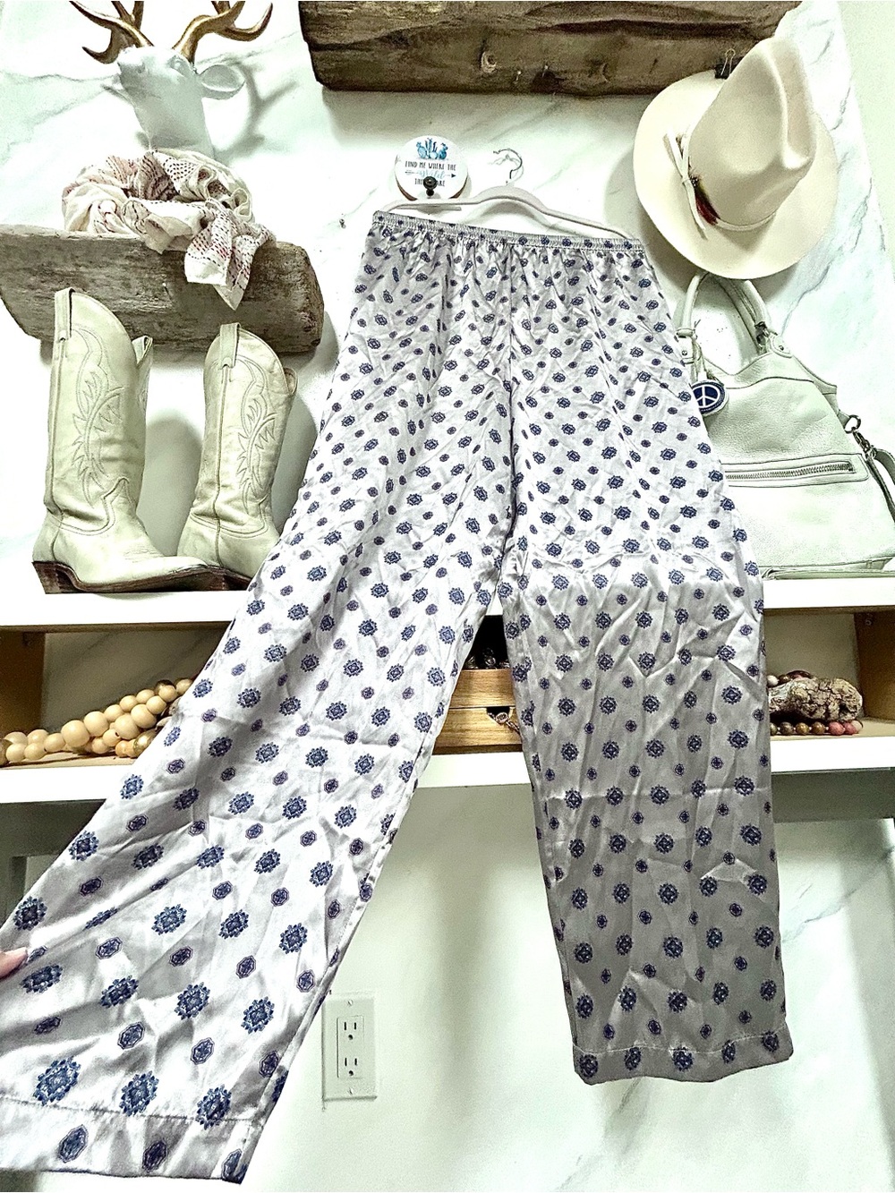 Silk Gypsy Light Gray folk vibe Print Elastic lounge boho pants with resort vibe